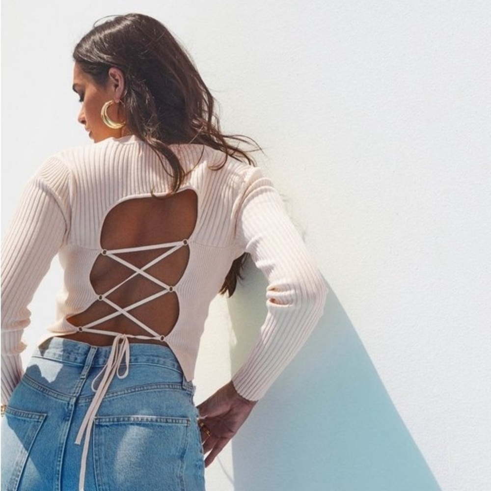 Astr Cream Long Sleeve Top with Lace-Up Back